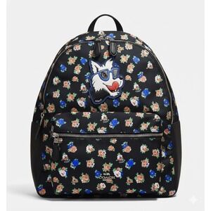 Coach Charlie in Tea Rose Floral Print Mini Backpack w Wolf Patch 57635